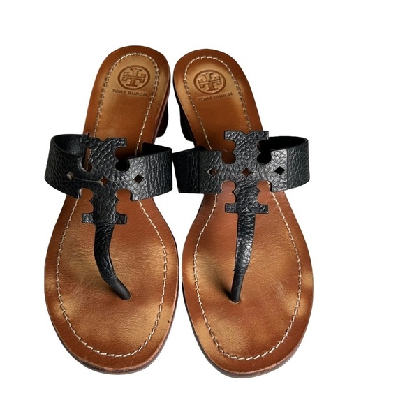 Tory Burch Black Moore Elba Tumbled Leather Thong in Black size 9 - Picture 2 of 15